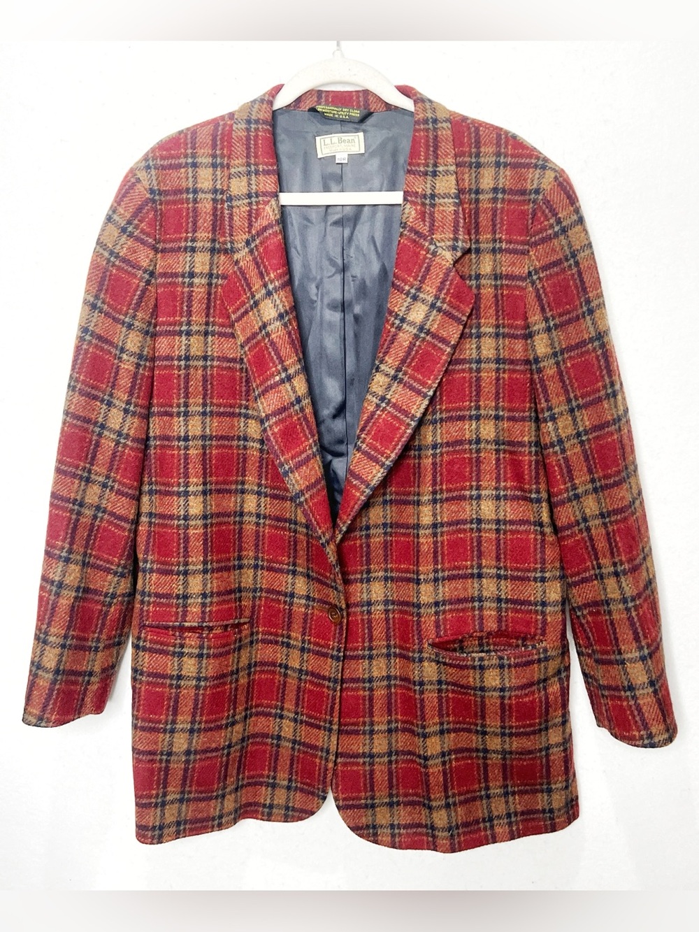 LL Bean Vintage Wool Plaid Blazer Blanket Coat 18R Made in USA Preppy Academia